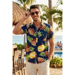 Broken Threads Mens Pineapple Print Cotton Short Sleeve Button Down Shirt Navy M